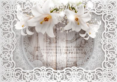 Fotobehangkoning - Behang - Vliesbehang - Fotobehang - Lilies and Wooden Background - Bloemen - Lelies op een Houten Achtergrond - 150 x 105 cm