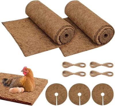 Natuurlijke Kokosvezel Nestmatten voor Planten en Dieren - 2 Rollen van 100 x 30 cm en 3 Stuks van 20 cm, Duurzame Bodembedekking en Herbruikbare Inlegstukken voor Kippen en Kleine Dieren