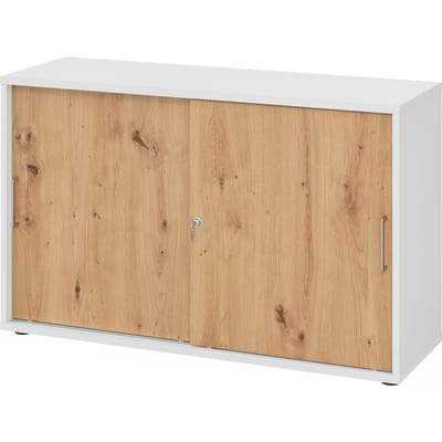 Breno schuifdeurkast, afsluitbaar, spaanplaat, gemelamineerd, B 1200 x D 400 x H 748 mm, 2 dossierhoogtes, wit/eiken