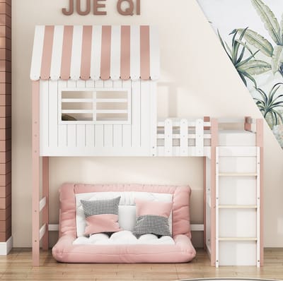 MEUNIQ kinderhoogslaper 90x200 cm huisbed met dakvorm, veiligheidsladder, uitvalbeveiliging en opbergruimte voor de kinderkamer, roze