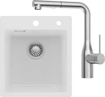 Auralum max Spoelbak voor keuken 40x45CM - Graniet Spoelbakken Met Keukenmengkraan - Enkele spoelbak Wit - Met waterafvoersysteem - Voor 40 cm kast