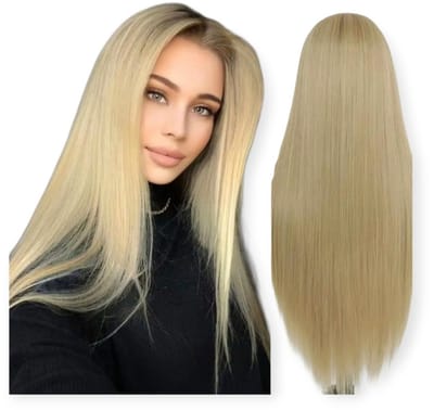 Frazimashop- Ash blond ombre Pruiken - Luxe Hittebestendig pruik- 24 inch Pruiken Dames Lang steil Haar - #Front Lace Wig 13x4 60 cm