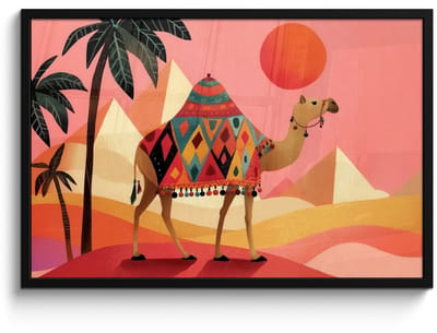 Poster in lijst - Fotolijst 90x60 cm - Posters - Kameel - Pyramides - Rode zon - Posterlijst zwart - Decoratie - Wanddecoratie woonkamer - Muurdecoratie slaapkamer