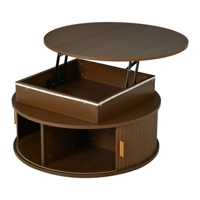 Ronde salontafel walnoot - In hoogte verstelbare salontafel - Met LED verlichting en opbergruimte - 75 cm - Woonkamer
