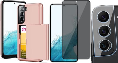 Hoesje met Pasjeshouder geschikt voor Samsung Galaxy S22 - Privacy Screenprotector FullGuard & Camera Lens Screen Protector - Back Cover SlideCase Roségoud