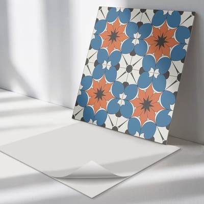 Wallfluent Vinyl Tegels - Bloemenpatroon op De Achtergrond Vinyl Tegels Zelfklevend - 30 cm x 30 cm - Blauw PVC Tegels - 9 stuks - Vierkant PVC Tegels - Patroon Plaktegels - Zelfklevende Vinyltegels - Plaktegels Keuken en Badkamer