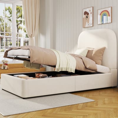 MODENUIT Kinderbed 90x200 cm – Zonder matras – Met hydraulische opbergruimte – Lattenbodem – Fluweel – Beige