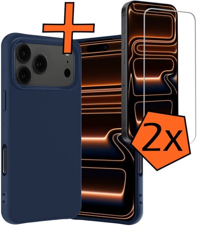 Hoes - Met 2x Screenprotector - Geschikt voor Apple iPhone 17 Pro - Sterk & Shockproof - Back Cover - Siliconen Case - Telefoon Hoes - Donkerblauw