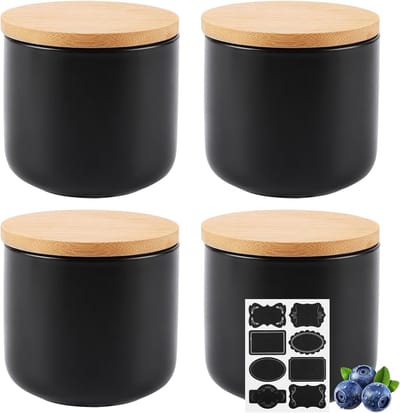 4 stuks voorraaddozen van keramiek, 260 ml, keramische doos met deksel, stickers en siliconen ring, suikerpot zwart voor specerijen, suiker, koffie
