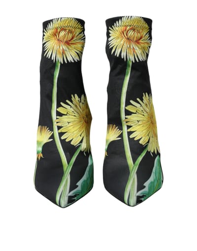 Dolce & Gabbana Zwarte Bloemen Jersey Stretch Enkellaarsjes Schoenen