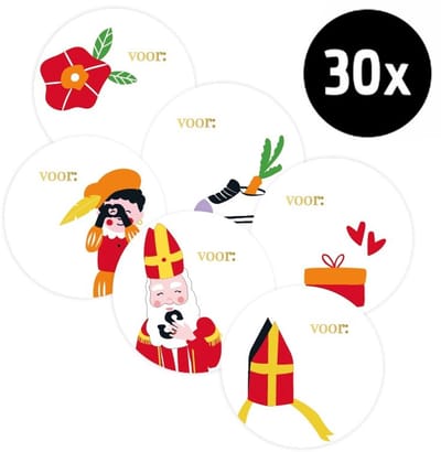 30x Sticker Sint En Piet Cartoon Etiketten - Kleuren Mix - Goudfolie - Naametiketten - Sinterklaas Naam Stickers - Pakjesavond - Cadeau - Leuk Inpakken - Sticker - 6 Designs - 50mm - 30 Stuks