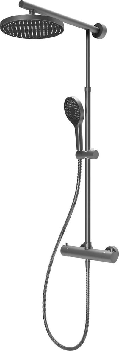 Doucheset - gun metal - thermostaatkraan - grote ronde regendouche en een in hoogte verstelbare handdouche