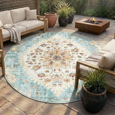 Fraai Rond vintage buitenkleed - Santo Mandala Lichtblauw - Ø 200cm