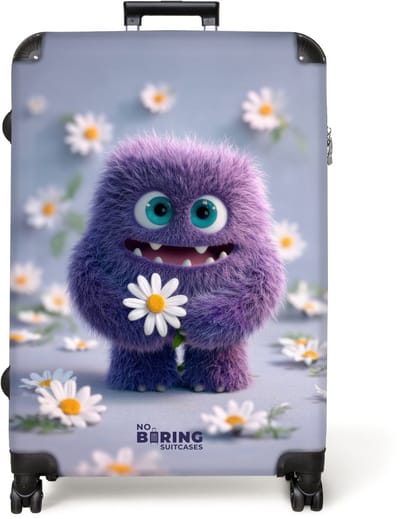 NoBoringSuitcases.com® - Koffer groot - Reiskoffer lichtgewicht - paars monster met madeliefjes - Rolkoffer met 4 wielen - Grote trolley XL - 98 liter bagage
