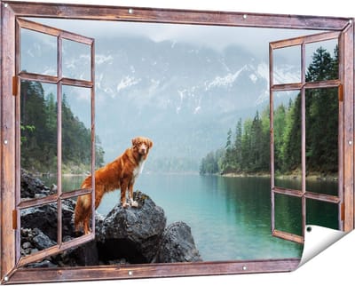 Gards Tuinposter Doorkijk Retriever Hond bij het Water in de Bergen - 150x100 cm - Tuindoek - Tuindecoratie - Wanddecoratie buiten - Tuinschilderij