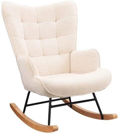 CreateEcom Schommelstoel - Relaxstoel - Fauteuil - Voedingsstoel - Schommelstoelen babykamer - Met geruite rugleuning - Teddyfluweel - Beige