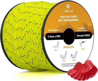 Scheerlijnen Set - Tent Touw - Kamperen Buiten - Hoge Zichtbaarheid Reflecterend - 3mm 50M - Neongeel