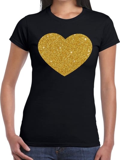Bellatio Decorations Glitter en Glamour t-shirt - zwart - dames - Gouden hartjes print in glitter XS