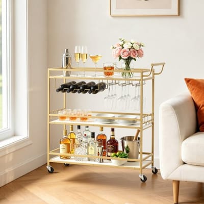 VEVOR 3-Laags Bartrolley, Serveerwagen/Dranktrolley met Wijnrek, Glashouders en Rechthoekige Schappen, Moderne Rolwagen, Keukentrolley/Thuisbar, Draagvermogen van 20 Kg Per Schap, 910 X 330 X 935 mm