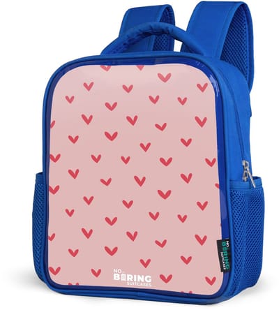 NoBoringSuitcases.com® - Rugzak blauw - Schooltas jongens - Hartjespatroon met roze kleuren - Kinder rugtas jongen - Boekentas kind - Kinderrugzak voor school - Schoolrugzak