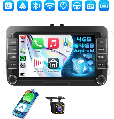 ESSGOO Android 15 Autoradio met CarPlay - 4+64GB - voor VW Golf 5, 6, Polo, Skoda Caddy, T5, Passat - 7-inch Scherm, Navigatiesysteem - Bluetooth, USB, FM/RDS - 12 LEDs Achteruitrijcamera - Microfoon