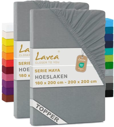 Lavea® Set van 2 Hoeslakens voor Topper 180x200 cm – 100% Katoen Jersey – voor Topmatras tot 10 cm – met Elastiek rondom – Middengrijs