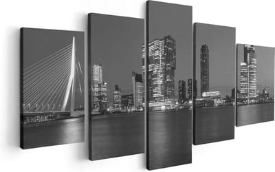 Artaza Canvas Schilderij Vijfluik Rotterdamse Skyline - Zwart Wit - 100x50 - Foto Op Canvas - Canvas Print