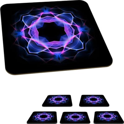 Onderzetters voor glazen - Het blauwe neonpatroon van de Caleidoscoop van de mandala op zwart - 10x10 cm - Glasonderzetters - 6 stuks