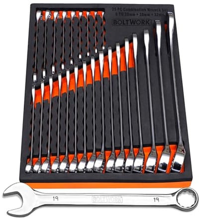 Sleutelset 25-delig met open en bi-torx sleutels, gesmeed 6-32 mm in EVA opbergtray