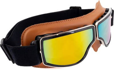 KIMU® Goggles Motorbril Skibril - Bril Cognacbruin Montuur - Oranje Spiegelglazen - Leatherlook Pilotenbril Vintage Motor Retro Steampunk Lederen Heren Festival