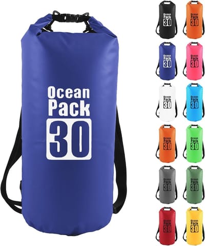 Waterdichte tas 30 liter in blauw met waterdichte overbroek voor outdoor activiteiten en reizen