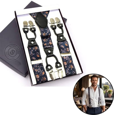 Sorprese - Luxe Chique Bretels - Flower Blue - Zwart Leer - 6 Stevige Clips - Bretels Heren Volwassenen - Inclusief Cadeaudoos