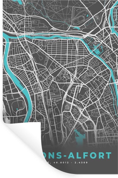 Muurstickers - Sticker Folie - Maisons-Alfort - Frankrijk - Plattegrond - Kaart - Stadskaart - 20x30 cm - Plakfolie - Muurstickers Kinderkamer - Zelfklevend Behang - Zelfklevend behangpapier - Stickerfolie