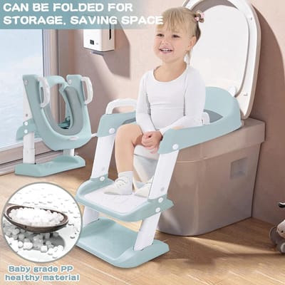 Toilet Adapter Portable Reducer Seat with Ladder Adjustable Foldable PU Cushion Non-Slip for V U or O Shaped Toilets