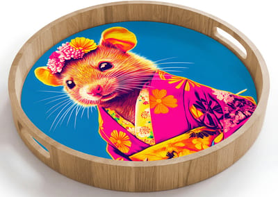 Dienblad rond 40x40 cm - Schootdienblad hout - Muis - Kimono - Bloemen - Blauw - Borrelplank rechthoek - Plateau houten dienbladen