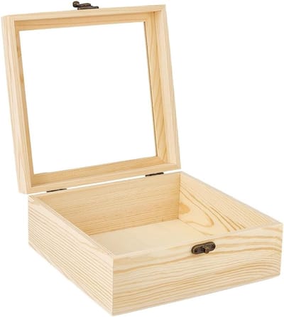 Houten opbergdoos 20 x 20 x 8 cm voor sieraden, kleine voorwerpen en herinneringen met glazen deksel en ijzeren sluiting, perfect voor knutselen en decoratie.