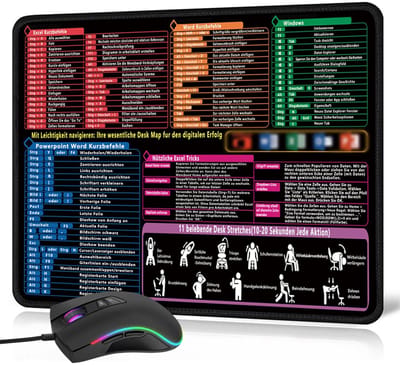 Dailygoods - Excel Muismat, 250 x 300 x 3 mm, Italiaanse bureauonderlegger, hoogwaardig, antislip, exclusieve toetsencombinaties, bureauonderlegger voor pc, kantoor, werk, gaming, studie