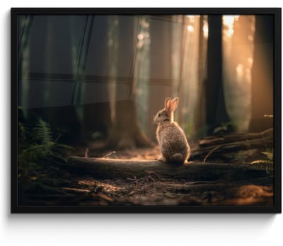 Poster in lijst - Fotolijst 80x60 cm - Posters - Konijn - Bos - Zonnestralen - Posterlijst zwart - Decoratie - Wanddecoratie woonkamer - Muurdecoratie slaapkamer