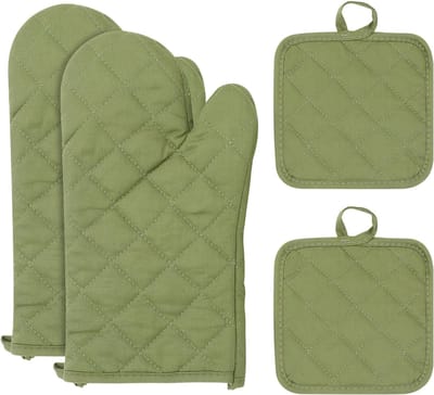 SnelShoppen - Ovenwanten Extra Lang Hittebestendig Antislip Katoen Legergroen voor Koken Grillen Bakken Magnetron Keukenaccessoires