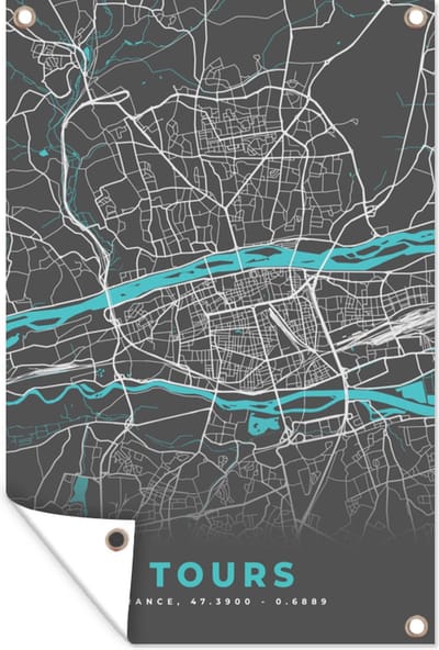 Muurdecoratie Tours - Plattegrond - Frankrijk - Kaart - Stadskaart - 120x180 cm - Tuinposter - Tuindoek