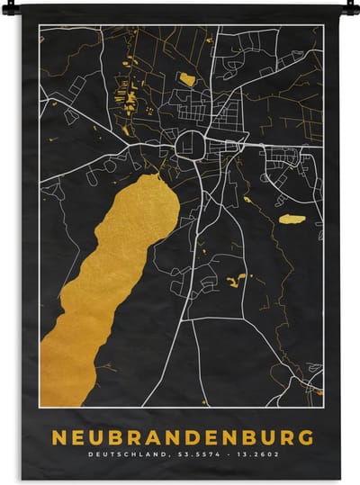Wandkleed - Wanddoek - Goud – Duitsland – Plattegrond – Gold – Stadskaart – Kaart – Neubrandenburg - 120x180 cm - Wandtapijt