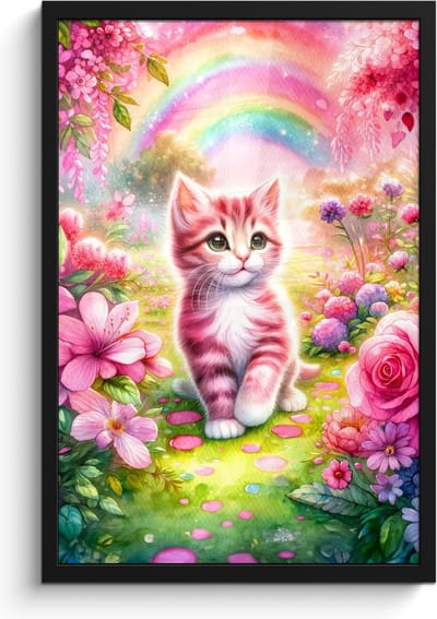 Poster in lijst - Fotolijst 40x60 cm - Posters - Kitten - Roze - Kat - Regenboog - Bloemen - Posterlijst zwart - Kamer decoratie - Wanddecoratie kinderkamer - Muurdecoratie babykamer