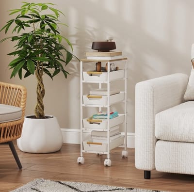 MEUNIQ keukentrolley 39,5 x 24 x 82 cm met 4 uittrekbare lades, 5-laags rollende opbergwagen met wieltjes en metaalframe, houtlook bovenblad voor keuken, badkamer of wasruimte
