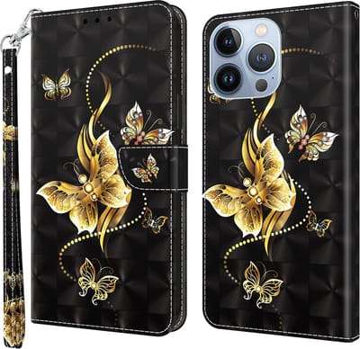 Cityhoesje-iPhone 14 Pro Max – Bookcase – 3D Print – Golden Butterflies