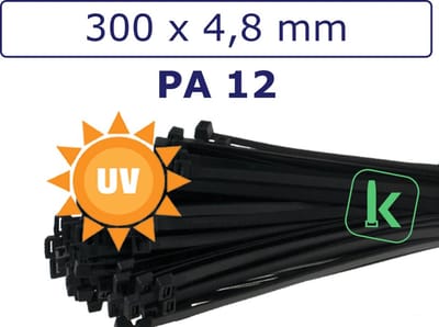 PRO-TIE® - Tyraps, kabelbinders PA 12- Extreem UV ++ bestendig 300 x 4,8 mm Zwart (Zak 100 stuks) (tiewrap/tyrap/tie-wrap/bundelbandje/colsonbandje/)