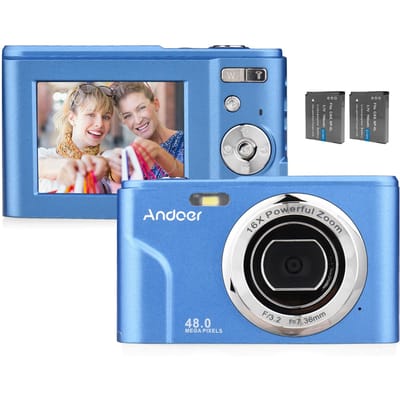 Appareil photo numérique portable Andoer 48MP 1080P Écran IPS 2,4 pouces Zoom 16X Retardateur de mise au point automatique 128 Go bleu foncé