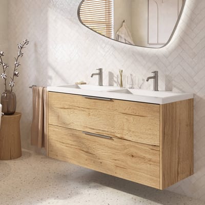 Saqu Lima badmeubel incl. dubbele glans witte wastafel 120x51x64cm eiken marcato – rvs greep