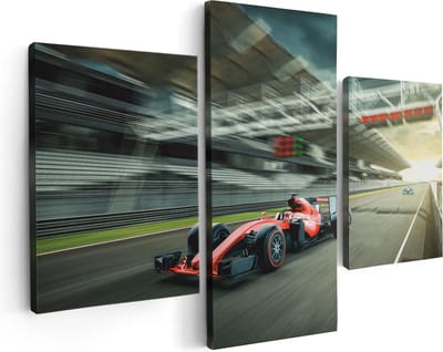 Artaza Canvas Schilderij Drieluik Formule 1 Auto bij de Finish in het Rood - 90x60 - Foto Op Canvas - Canvas Print