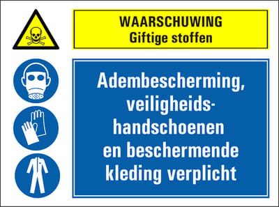 Giftige stoffen, adembescherming, handschoenen en beschermende kleding verplicht sticker 200 x 150 mm