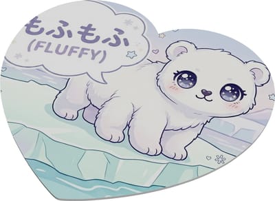 Muismat Hartvormig Kawaii Ijsbeer Fluffy – Mofumofu Japanse Tekst – Noordpool Winter Thema – Schattig Wit Beertje Cadeau voor haar: Vriendin & Collega – Gaming Muismat Hart – Kantoor Decoratie – Anime Stijl Dier – Ijsbeer Illustratie
